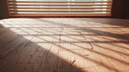 Rustic Wooden Table Surface with Sunlight and Shadow Patterns stock