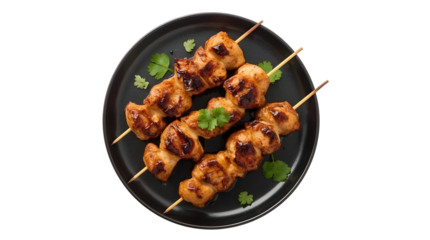 Grilled Chicken Skewers, Caramelized Glaze, Cilantro Garnish, White Background - Food Photography Layout
