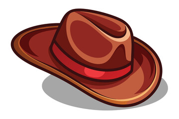 A shaded brown cowboy hat with a red band sits angled on white