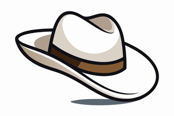 An off white cartoon cowboy hat sits against a plain background with a shadow