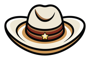 Cartoon cowboy hat has a star and multiplecolored bands on a white background