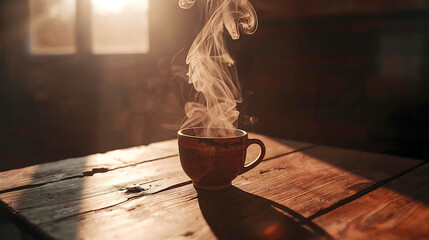 Steaming Coffee Cup on Wooden Table in Warm Sunlight image photo