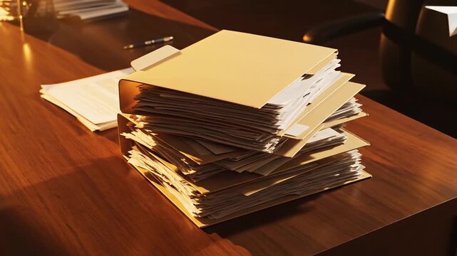 Warm-lit desk with a tall stack of papers and a white origami boat on top, beside a blurry notebook