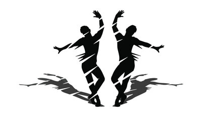 Obraz premium Silhouette of two happy people jumping in air with arms raised in celebration on white background, joyful freedom and excitement concept