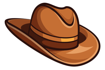 Brown cowboy hat with golden ribbon is depicted against a plain white background