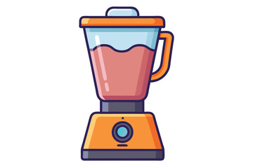 An orange blender contains pink liquid; a blue button is on its base