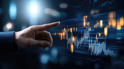 A person uses a digital display to track stock market trends with rising graphs and financial symbols indicating growth