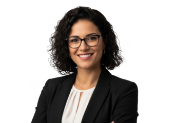 Professional woman wearing glasses and a black blazer smiling confidently isolated on transparent background