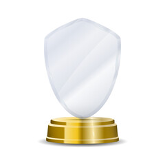 Transparent crystal plate trophy with wooden stand, laurel wreath engraving, and glowing light reflections ideal for championship awards, recognition events, and premium vector design assets
