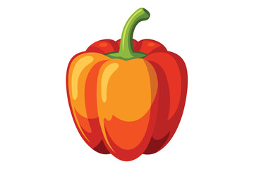 An orange and red bell pepper with a green stem stands on white