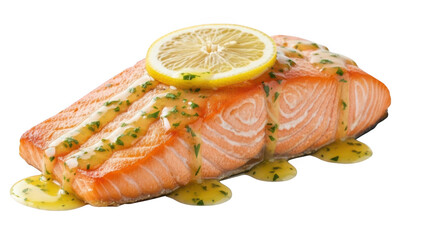 Cooked salmon fillet with lemon slice and sauce isolated on transparent background