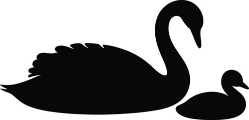 Swan silhouettes illustration, parent and child birds, black shapes, nature theme, family bond, graceful pose, vector graphic