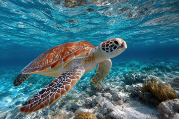 Fototapeta premium Sea Turtle Swimming in Clear Blue Ocean Water