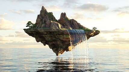 Surreal floating island with jagged rock formations and lush greenery suspended above calm ocean waters at sunset