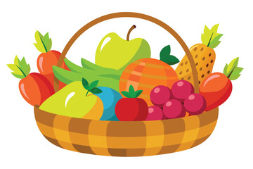 A brown basket overflows with vibrant fruits and vegetables on an isolated white background