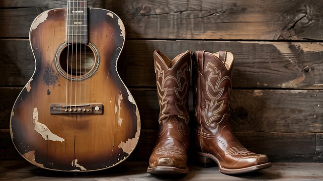 Rustic acoustic guitar and worn leather cowboy boots rest against a weathered wooden plank wall creating a classic country music scene
