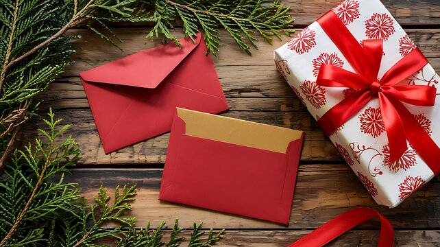 Festive holiday gift wrapping with red envelopes and evergreen branches on a rustic wooden background for christmas and new year celebrations - Powered by Adobe