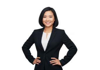 Professional asian woman in business attire smiling confidently with hands on hips isolated on transparent background