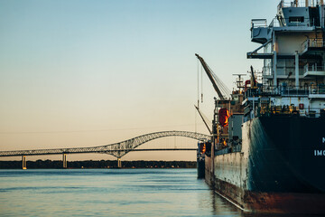 Trois-Rivieres, Canada - August 16, 2025: Cargo ship docked on the Saint Lawrence River with the Laviolette Bridge in the background at sunset © Andrei Antipov