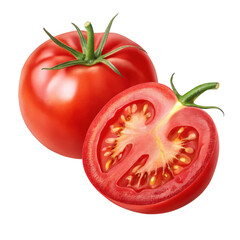 Fresh ripe red tomato and half tomato isolated on transparent background