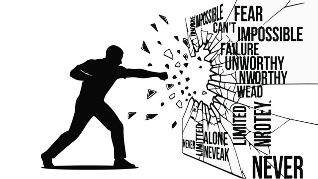 Determined man breaking free from negative words and phrases, overcoming obstacles and achieving success in a bold and empowering visual representation