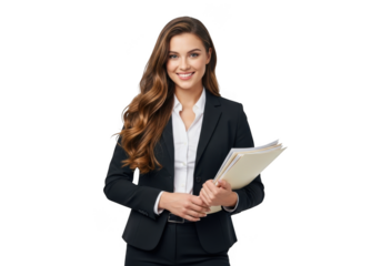 Professional young woman in business attire smiling holding documents isolated on transparent background