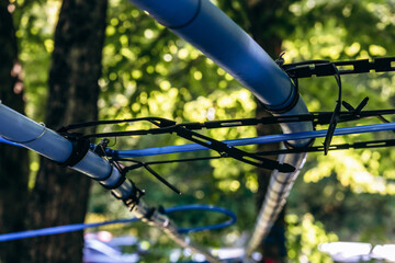 A detailed view of the modern maple sap collection system in Quebec, Canada, showing blue plastic...