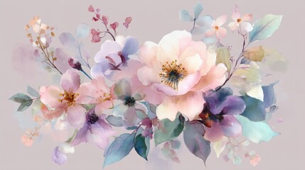 A variety of pastel flowers in shades of pink purple and white are arranged together. The flowers are set against a light background and show fine details in each bloom and leaf.