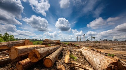 Workers have cut down many trees in a forested area. Logs are stacked on the ground while stumps remain in the landscape. A mix of clouds covers the sky.