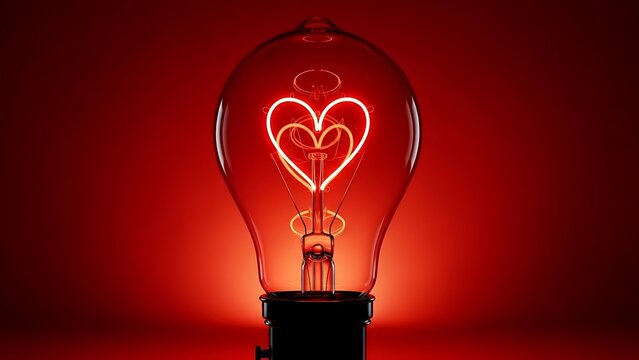 Glowing light bulb with a heart shaped filament on a vibrant red background