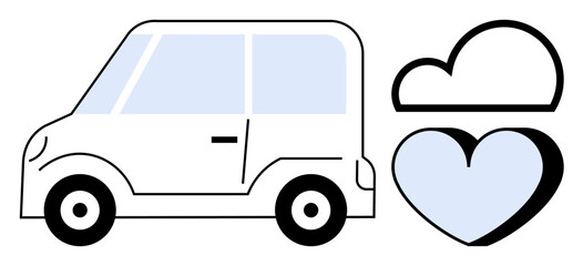 Transportation, eco-friendliness, sustainable living, urban mobility, environmental care, conscientious driving. A compact car with a heart and cloud symbol. Transportation and eco-friendliness
