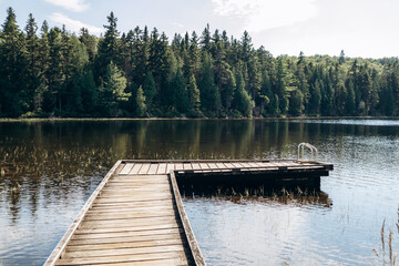 Fototapeta premium A wooden dock with a metal ladder extending over the calm water of a forest lake in La Mauricie National Park, Quebec