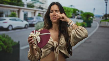 Fototapeta premium Woman holding heart shaped gift box wiping eye on city street with teary face and closed eyes; heartbreak sorrow.