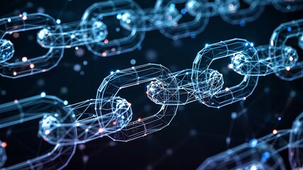 Abstract glowing digital blockchain network of interconnected transparent chain links representing cryptocurrency and secure decentralized data technology