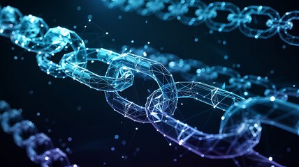 Abstract digital glowing blue and purple interconnected blockchain network of transparent crystalline chains symbolizing technology and data security