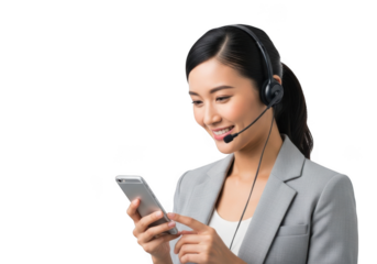 A young asian woman wearing a headset and business attire holds a smartphone and smiles while interacting with technology isolated on transparent background