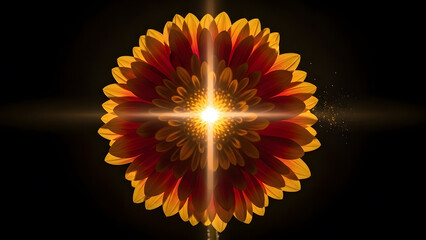 Vibrant flower with bright light and petals in shades of orange and red on a dark background