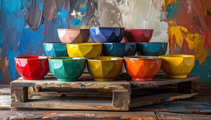 Twelve colorful, geometric-patterned bowls with faceted polygonal surfaces arranged in three rows on a wooden pallet, set against a pastel-painted abstract wall.