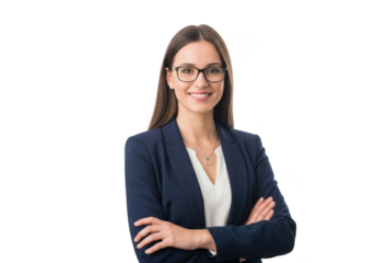 Smiling professional woman wearing glasses and a dark blazer with arms crossed isolated on transparent background