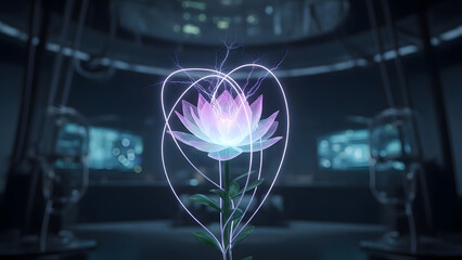 A glowing purple and white lotus flower with a neon outline in a futuristic laboratory setting with screens and machinery