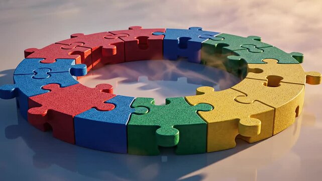 Colorful circular puzzle ring of interlocking pieces rests on reflective surface under a cloudy sky