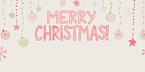 Festive christmas greetings with hanging ornaments and a cheerful pink background © Rahul