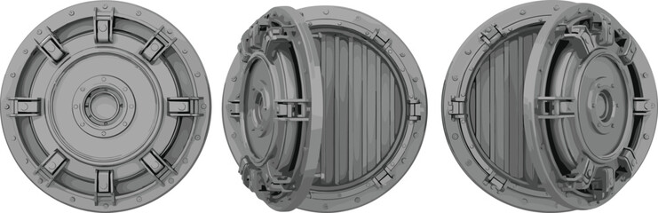 3D Rendering of a Heavy Industrial Sci-Fi Metal Hatch Door or Vault, Circular Futuristic Airlock Entrance with Open and Closed Views, Isolated on White Background. © Shilpi