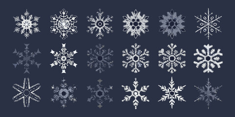 A collection of delicate intricately designed pixelated snowflake illustrations on a dark background