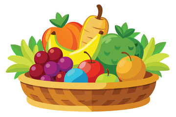 A wicker basket overflowing with colorful fruits and green leaves creates a charming still life scene