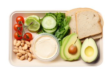 A food tray filled with healthy foods in a flat lay view isolated