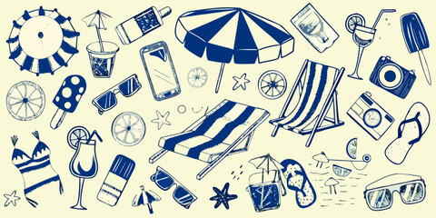 A whimsical collection of summer themed doodles and illustrations in blue tones