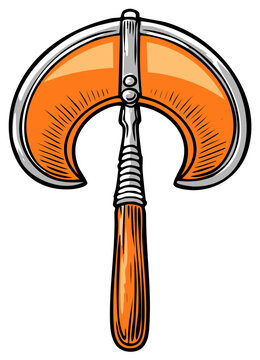 Stylized vector illustration of an ancient orange and silver double-bladed labrys battle axe