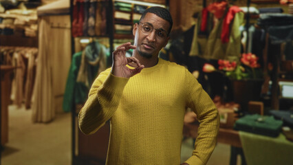 Young black man in yellow sweater points both index fingers, shows thumbs up and wears glasses in a clothing store building; confidence warmth.
