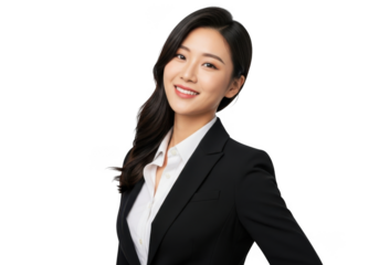 Professional asian woman in business attire smiling confidently isolated on transparent background